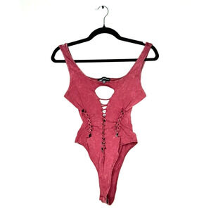 POSTER GIRL Burgundy Med Bodysuit Red Lace Up Bodycon Grunge Chic Y2K Party Club